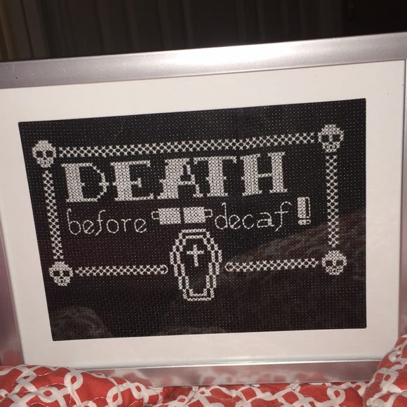 hand made Other - DEATH BEFORE DECAF FRAMED CROSS STITCH.NEW!
